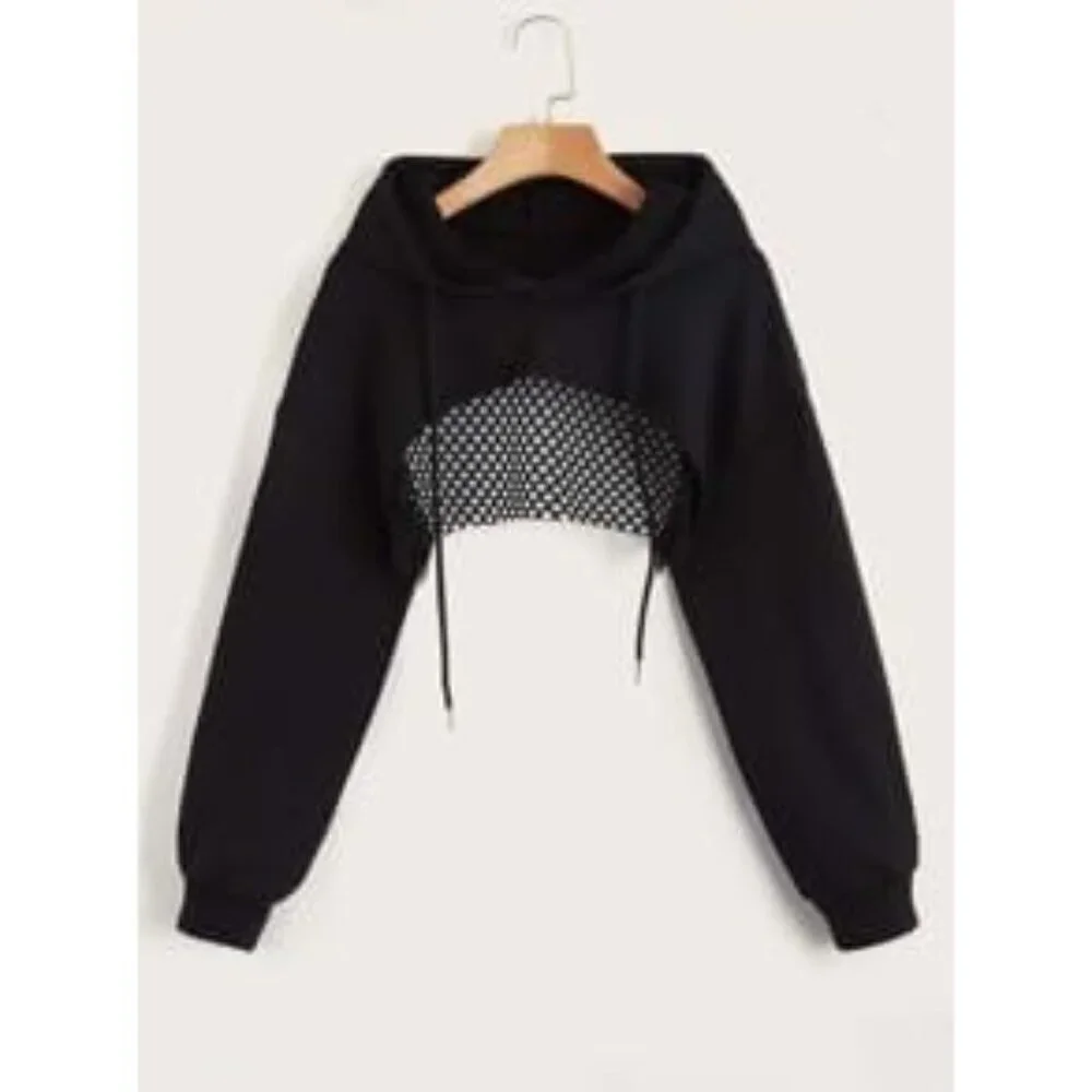 Women's Cropped Hoodie Polyester Drop Shoulder Hollow Out Pullover